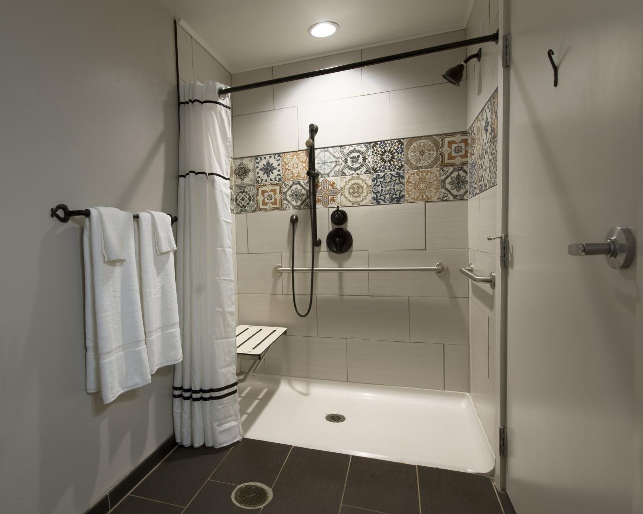 A view of the ADA roll-in shower option in the bathrooms for the king rooms at the Ozark Folk Center State Park